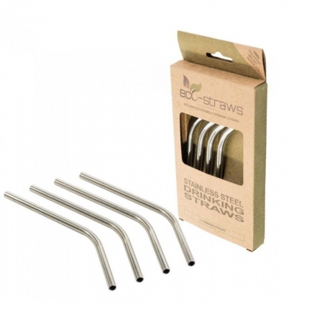 ECOSTRAWZ Zestaw 4x: Wielorazowe słomki do picia stal nierdzewna Zakrzywione 145mm x 6mm + czyścik